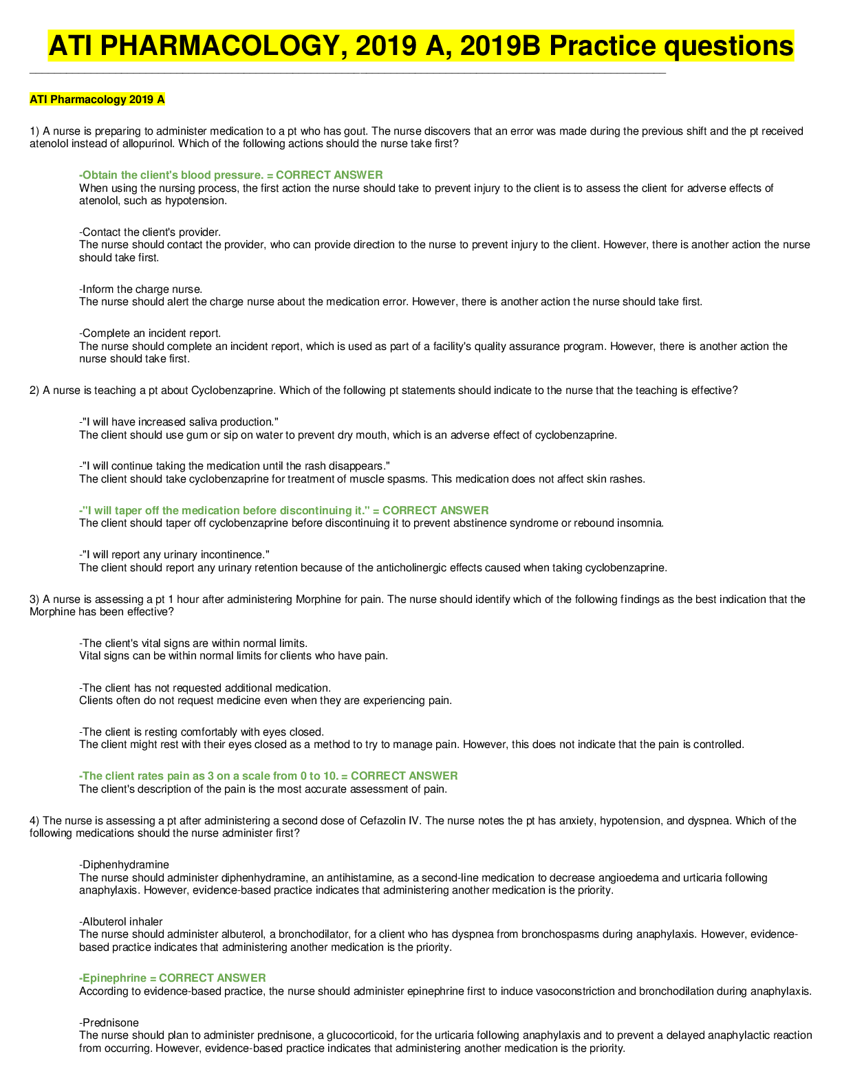Preview image for ATI PHARMACOLOGY, 2019 A,  & 2019B Practice questions